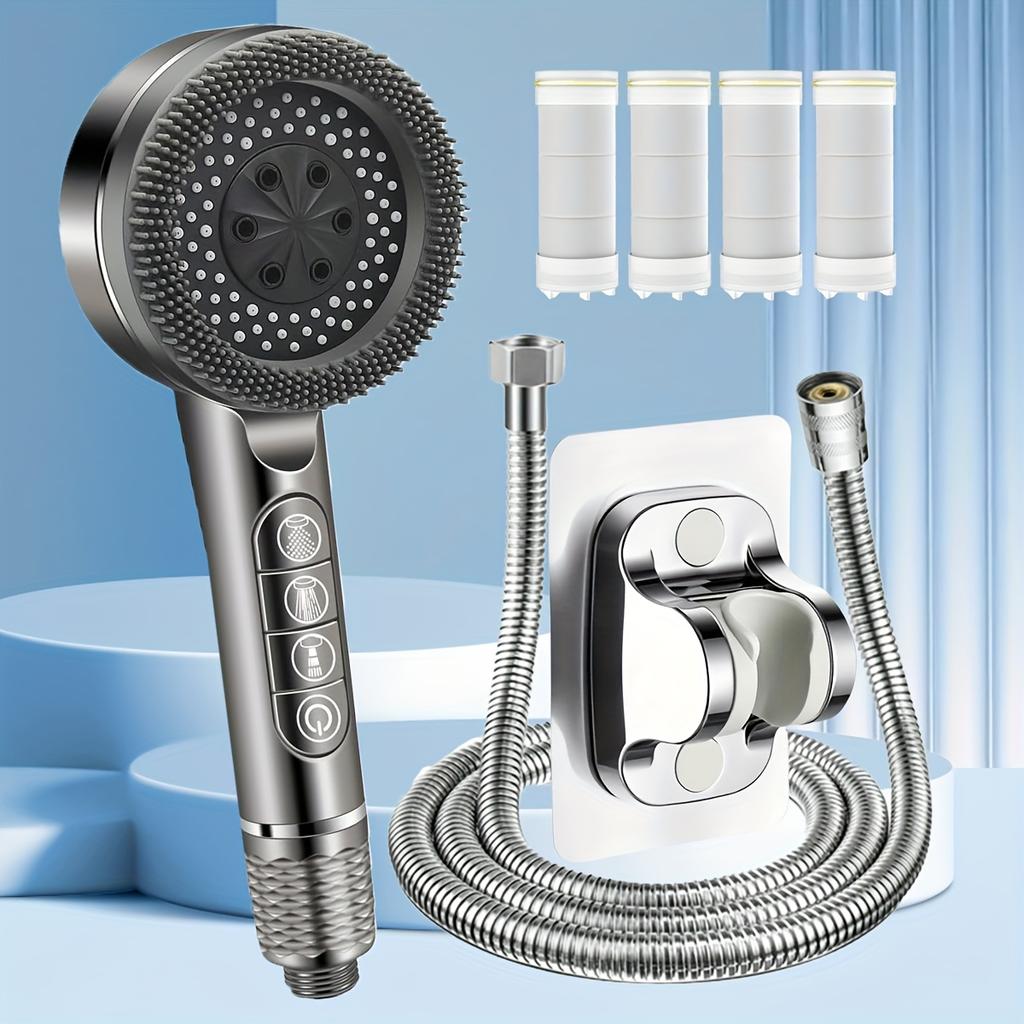 Handgehaltener Druck-Duschkopf, Vier Duschmodi, Ionisator, Ein/Aus-Schalter, Filter-Massagegerät mit Schlauch & Verstellbarem Halter, Nur zur Duschverwendung
