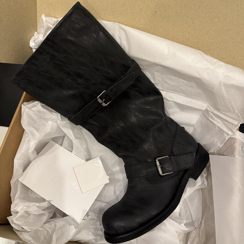 Cowhide version~ Wide tube leather shoes thick-soled high boots women's pile boots thick heel boots knight boots