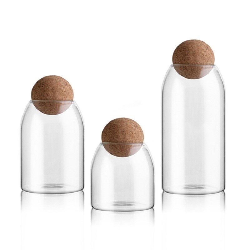 High Borosilicate Glass Storage Jar with Wooden Ball Cork for Tea or Coffee Beans