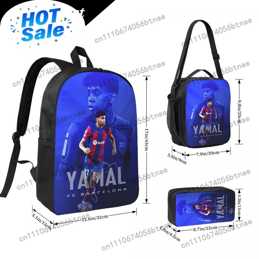 3Pcs Lamine Y-Yamal Theme Backpack Set for Kids Football Star Pen Bags Bookbag Sets with Lunch Box For School Students Daypack