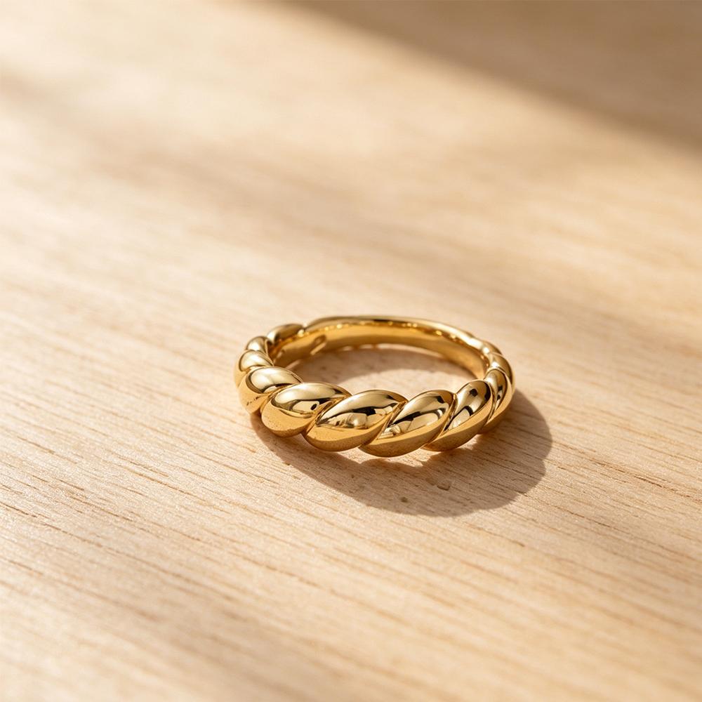 Elegant Golden Twisted Croissant Ring Unisex Design for Men and Women 18K Gold Plated Polished Geometric Round Chunky Jewelry