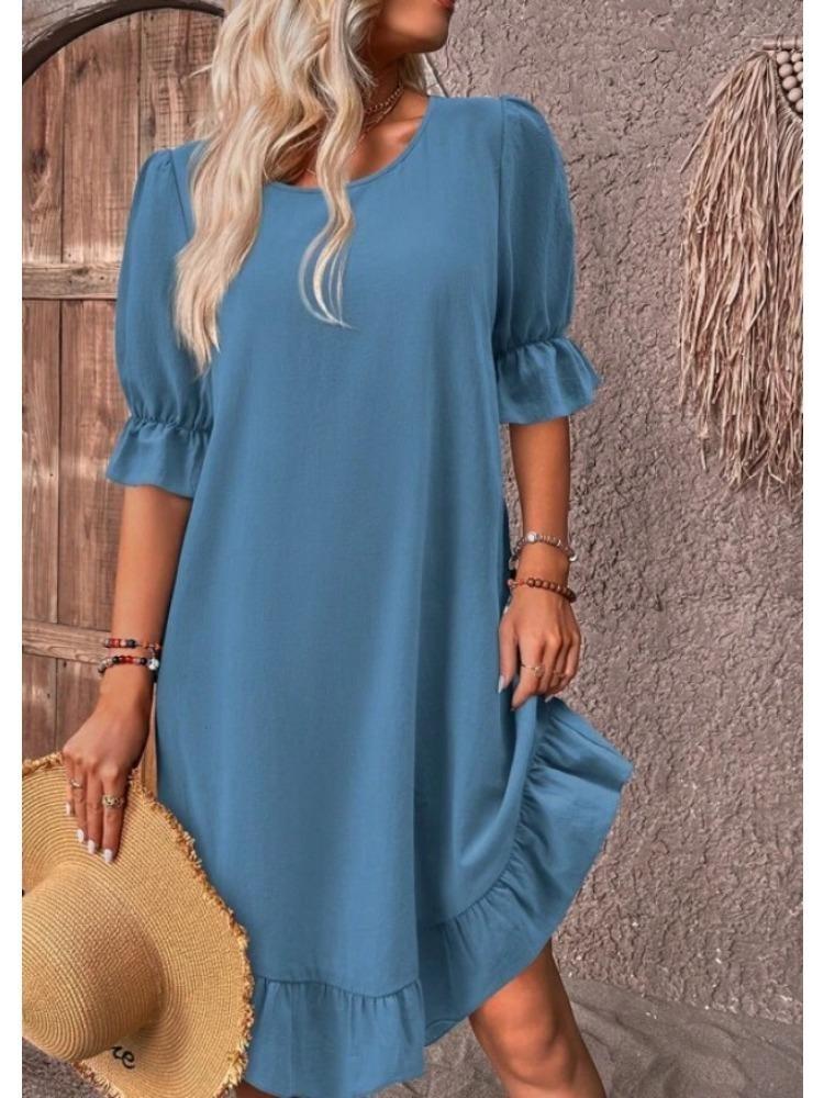 Women Retro Cotton Hemp Loose Swing Dress Spring Summer Solid Color Round Neck Mid Sleeve Large Size