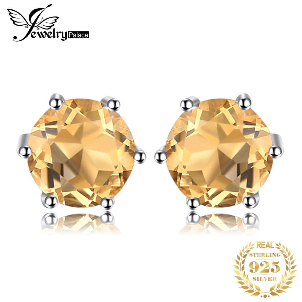 JewelryPalace Round Natural Yellow Citrine 925 Silver Stud Earrings for Women Statement Fashion Gemstone Jewelry Gift