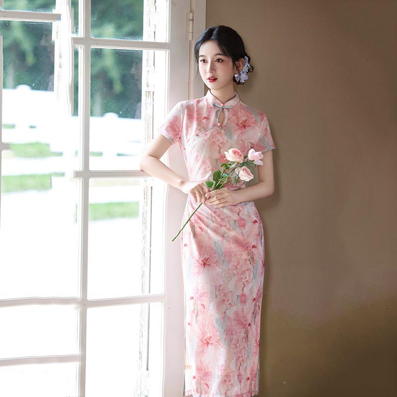 Pink National Style New Chinese Suzhou Long Cheongsam Improved Young 1011 New Women's High-end Sense Can Be Worn Daily
