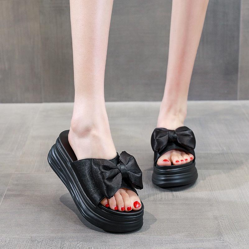 Bow slippers 2025 summer height increase platform women's shoes beach cool slippers comfortable to wear fish mouth design
