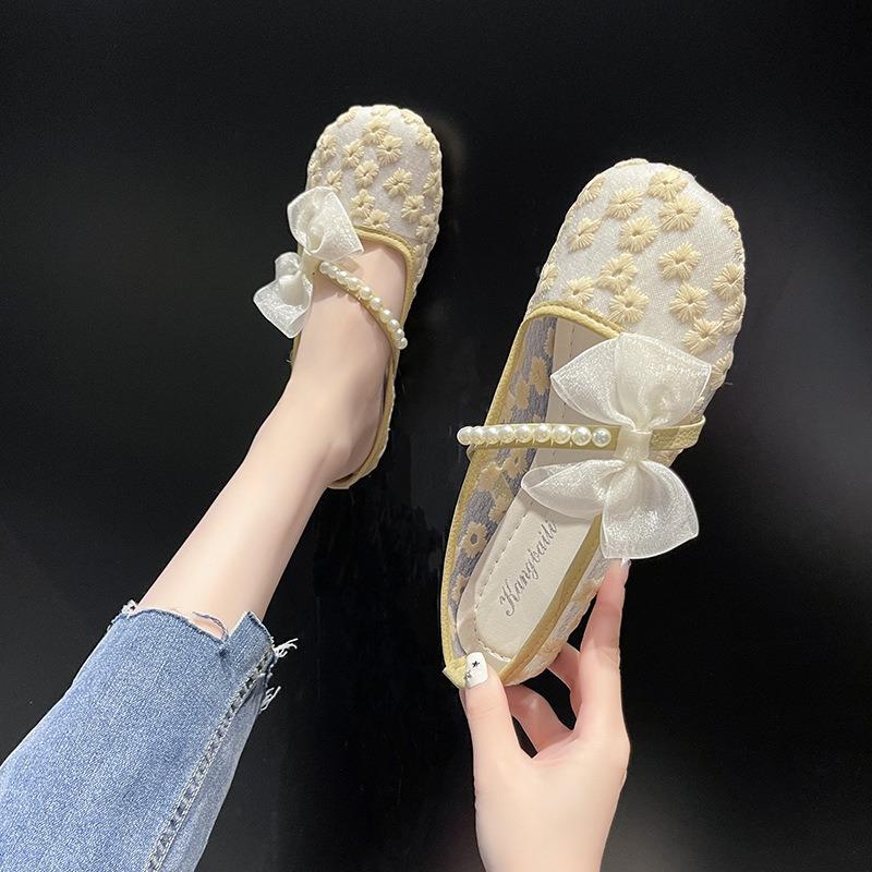Women's shoes single shoes gentle bow summer thin mesh breathable one pedal flat lazy maternity shoes