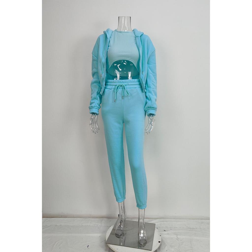 Spring and Autumn New Women's Clothing Solid Color, Simple Hooded Sweatshirt, Sports Casual Pants Three Piece Set