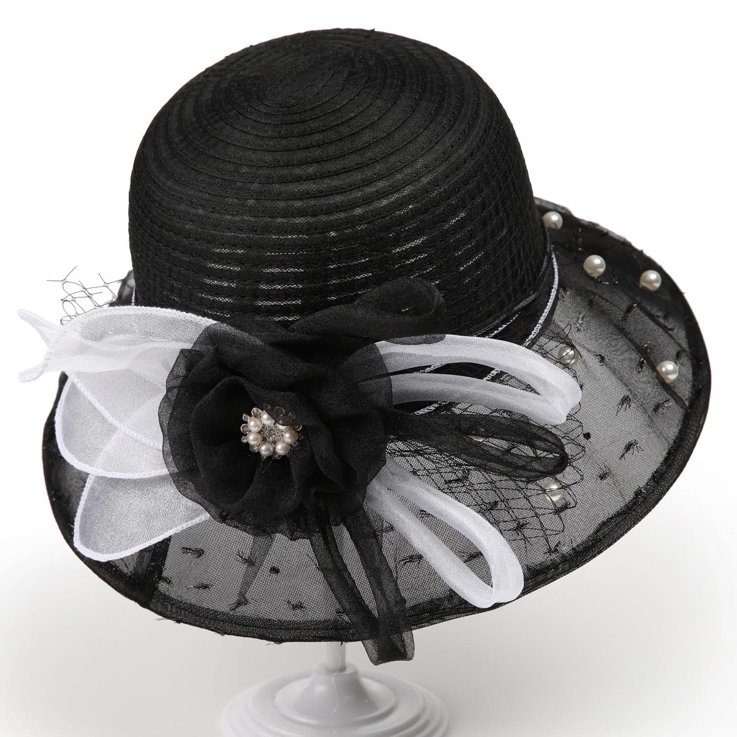 

Elegant Summer Wide Brim Women Hat Big Satin Flower Ribbon Feather Floppy Beach Sun Hat Kentucky Derby Wedding Church Hats 56-58CM чорний