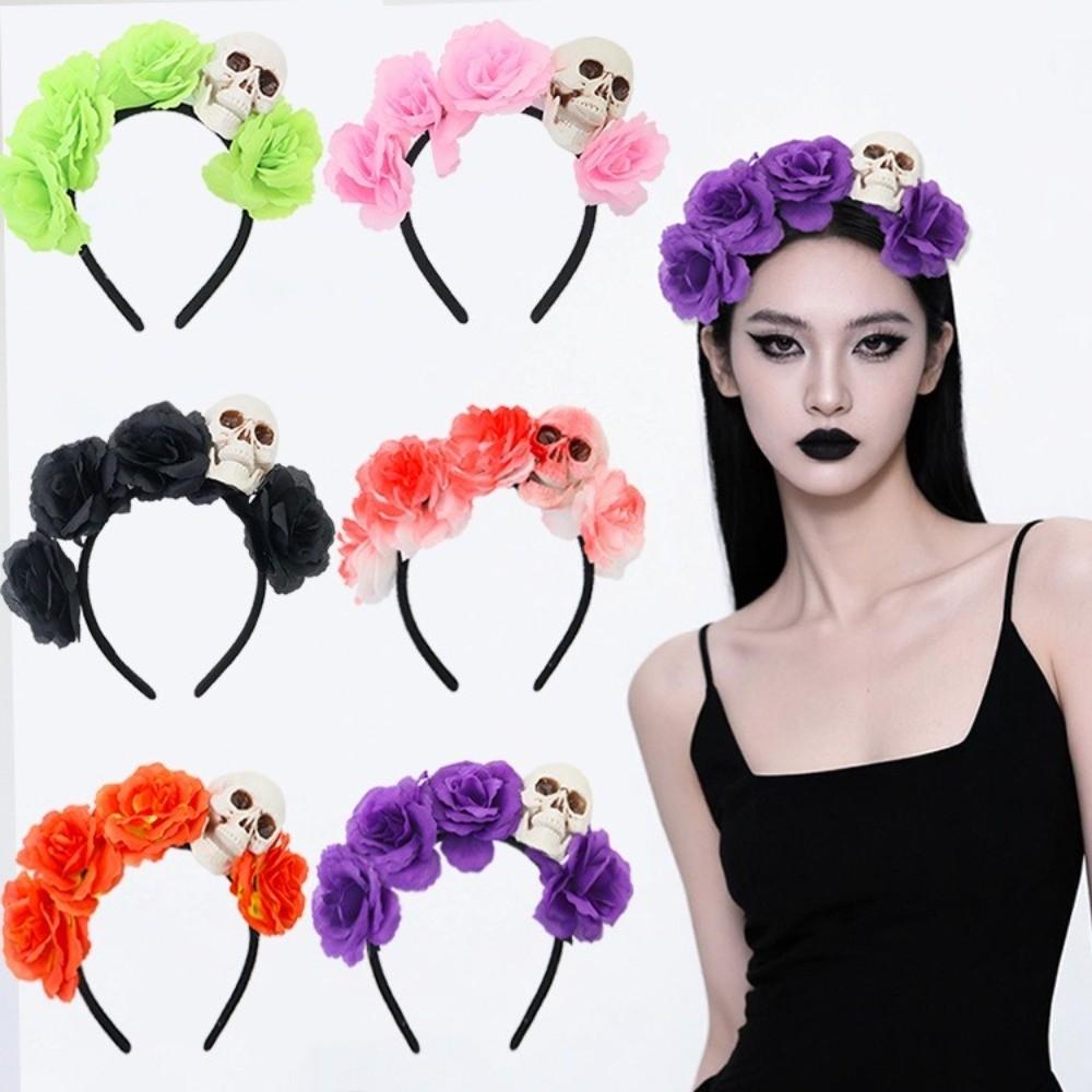 Exaggerated Skull Head Headband Simulation Flower Gothic Flower Hairband Halloween Hair Hoop Party