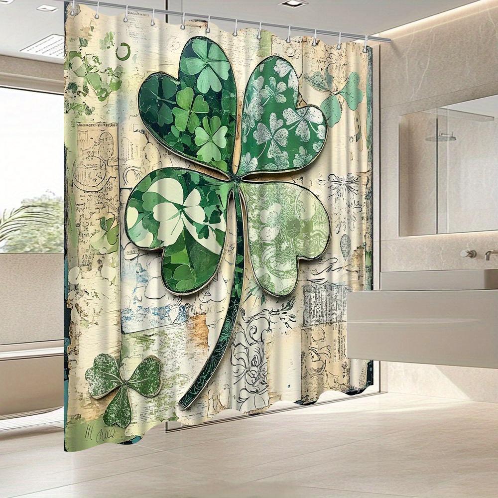 Heart-Shaped Four-Leaf Clover Shower Curtain, Vintage Paper Background, Includes 12 Hooks, Bathroom Decor