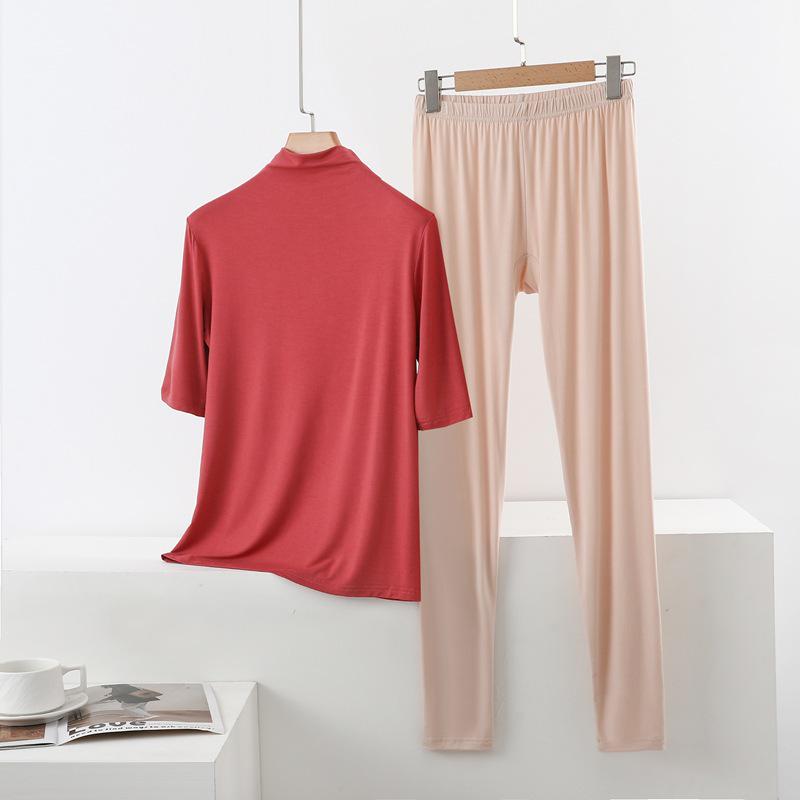 Spring/Summer Women's Half-High Neck 3/4 Sleeve Modal Lounge Set - Lightweight, Loose, Plus Size Casual Wear