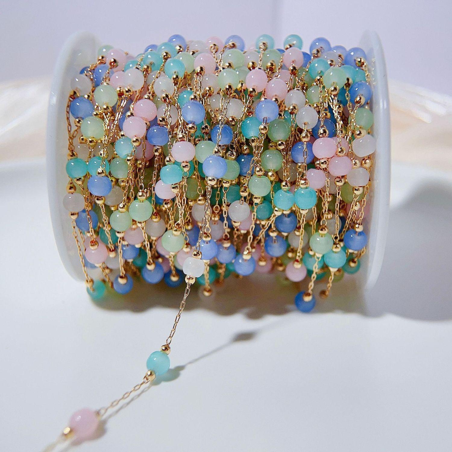 

1meter Opal Stone Bead Copper Chains Stone Copper Beaded KC Gold Color Necklace Chain Bracelet Supplies for DIY Jewelry Making