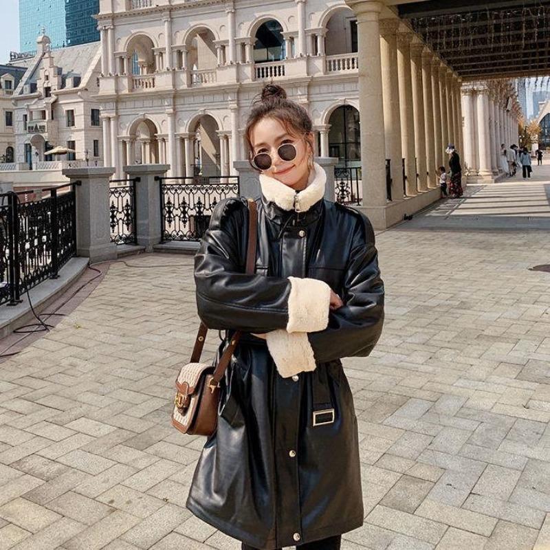 Wintermode Coole Lederjacke Lady Mittellange lockere Baumwolljacke Plus Baumwolle Dickere Motorrad PU-Lederjacke Hübsche Jacke WarmParka Mantel