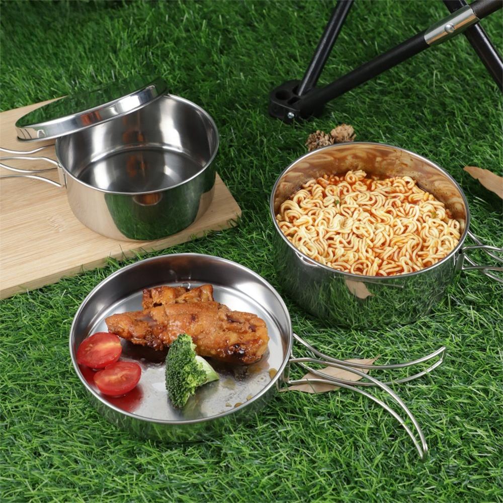 Uncoated Outdoor Frying Pan Set Stainless Steel Picnic Bowl Pot Set Backpacking