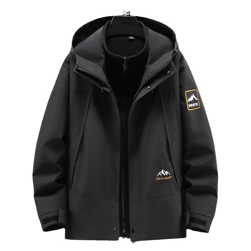 Men's Trendy Three-in-One Windproof Parka with Detachable Plus Velvet Lining, in Plus Sizes for Autumn and Winter.