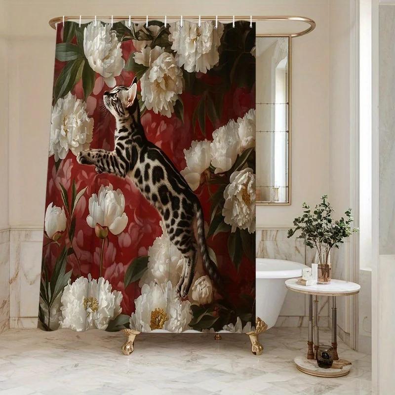 

Cat Shower Curtain in Flowers - Waterproof, Easy to Clean, Adding Beauty to Your Bathroom Decoration W90xH180cm
