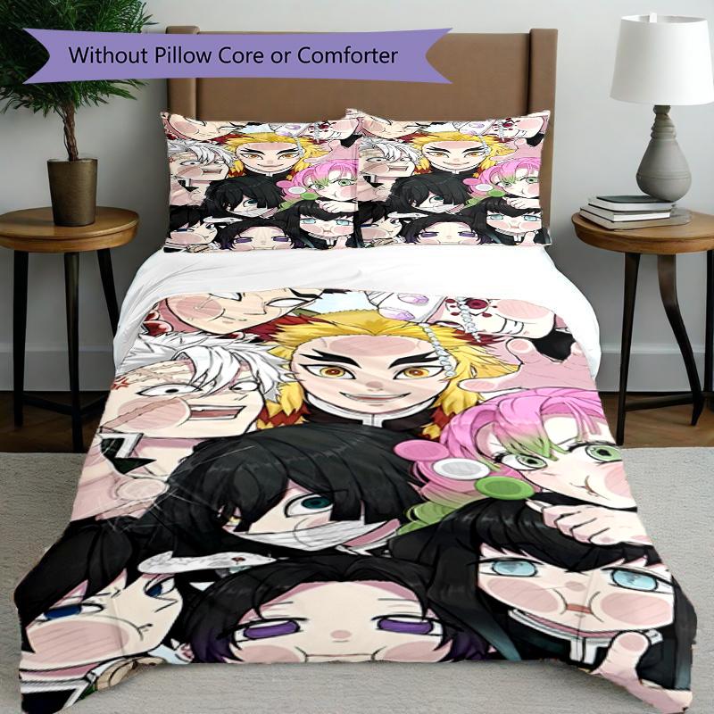 Set cuvertură de pilota 3 buc (1 * Husă de pilota + 2 * Față de pernă, Fără Miez), Set de așternut cu imprimeu Demon Slayer, Decor pentru dormitor, Pentru toate anotimpurile, Cadou de ziua de naștere