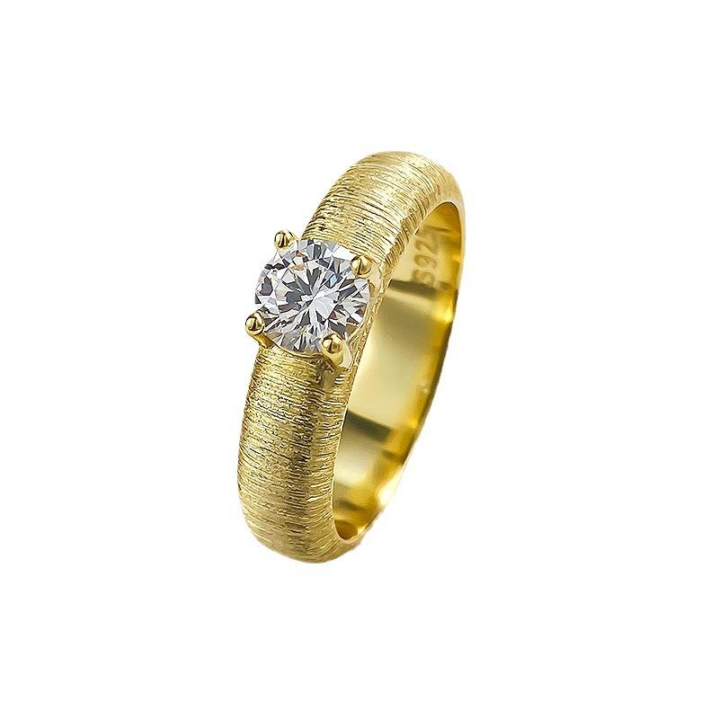 Longlongjin S925 Silver Gold-Plated Ribbon Ring Set with 5.0 White Diamonds, Vintage Brushed Finish