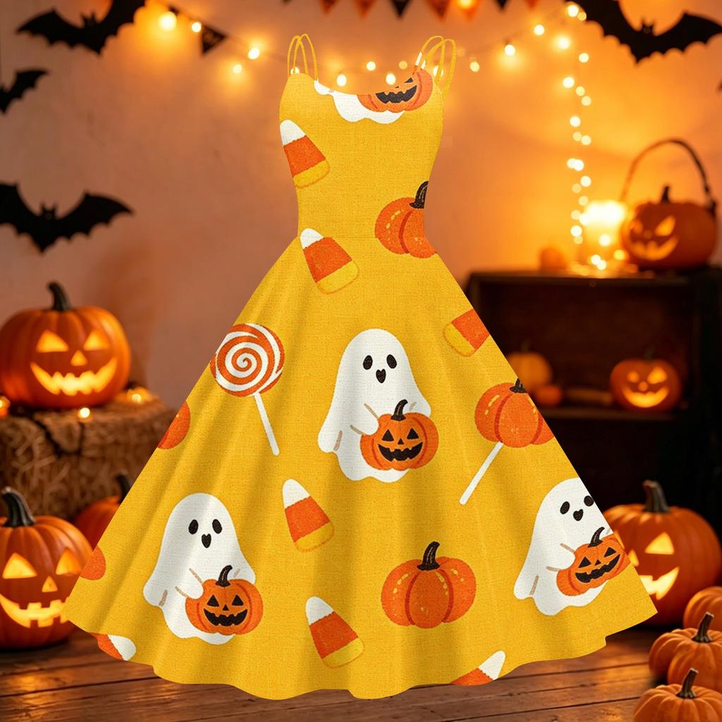 Womens Halloween Print Dress Spaghetti Strap Off Shoulder Punk Vintage Style Midi Dress Casual Party Dress