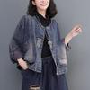 Plus Size Women Vintage Spring Autumn Long Sleeve Loose Single Breasted Denim Jackets Big Pocket Blue Casual Short Coat