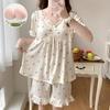 "Women's Summer Pajama Set with Chest Pads: Wrinkle-Resistant, Short Sleeves, Korean-Style, Sweet & Cute"