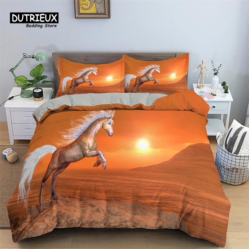 Horse Duvet Cover 3D Steed Farm Animal Comforter Cover Polyester Exotic Style Western Cowboys Bedding Set Twin For Kids Boy Teen