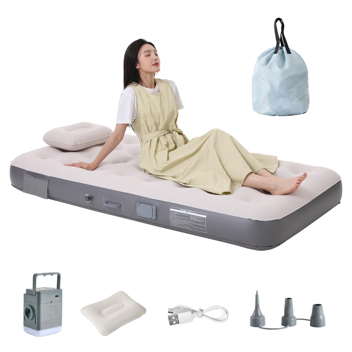 

Компактная надувная кровать с электрическим съемным автоматическим портативным кемпингом, идеально подходит для автомобиля, улицы и подготовки к стихийным бедствиям, складная, портативная, встроенная серый