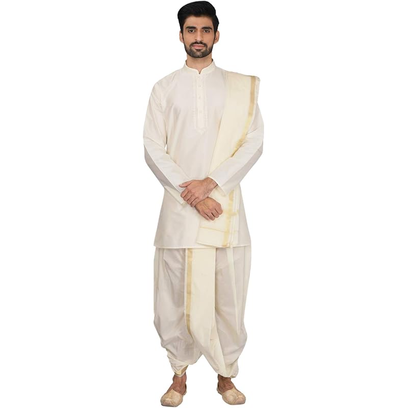 Manyavar Elegant Solid Plain Kurta and Dhoti Set For Men - (White, Large)