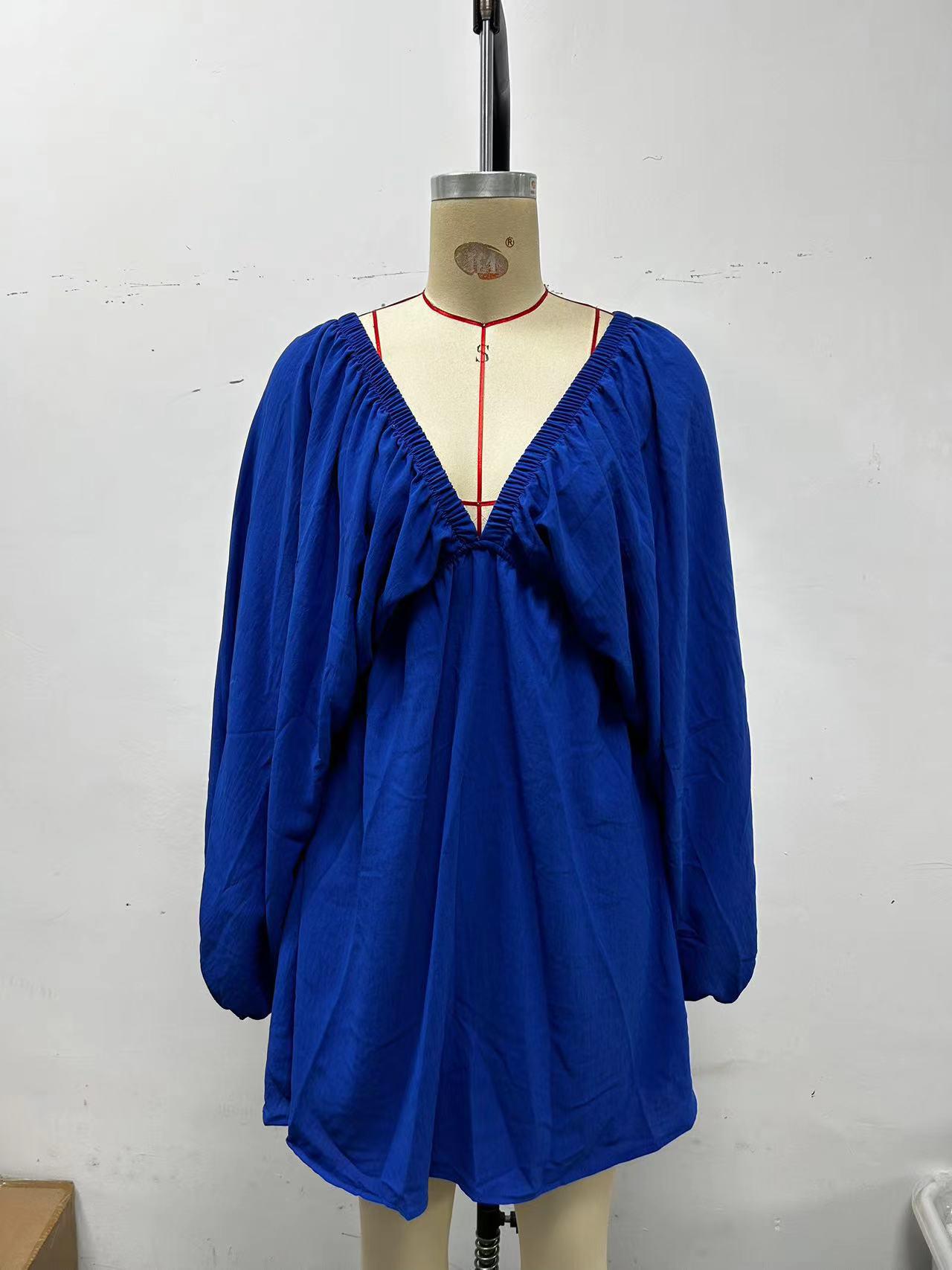 Elegant Deep Neck Long Sleeve Puff Dress Small синий