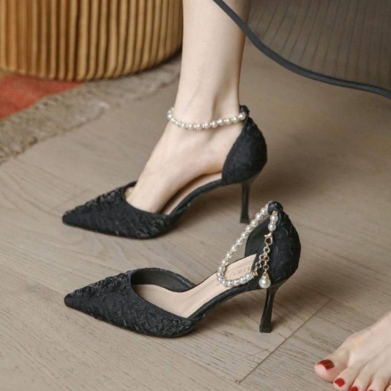 Mode 2024 Neue Mode Perlenriemen High Heels Damen Stilettoabsatz Spitze Pumps