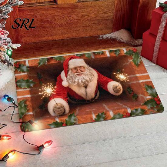 Anti Slip Kitchen Floor Runner 3D Christmas Entrance Rug, Santa Claus Snowman Mat, Non-slip Soft Crystal Velvet Mat Festive Rug for Front Door