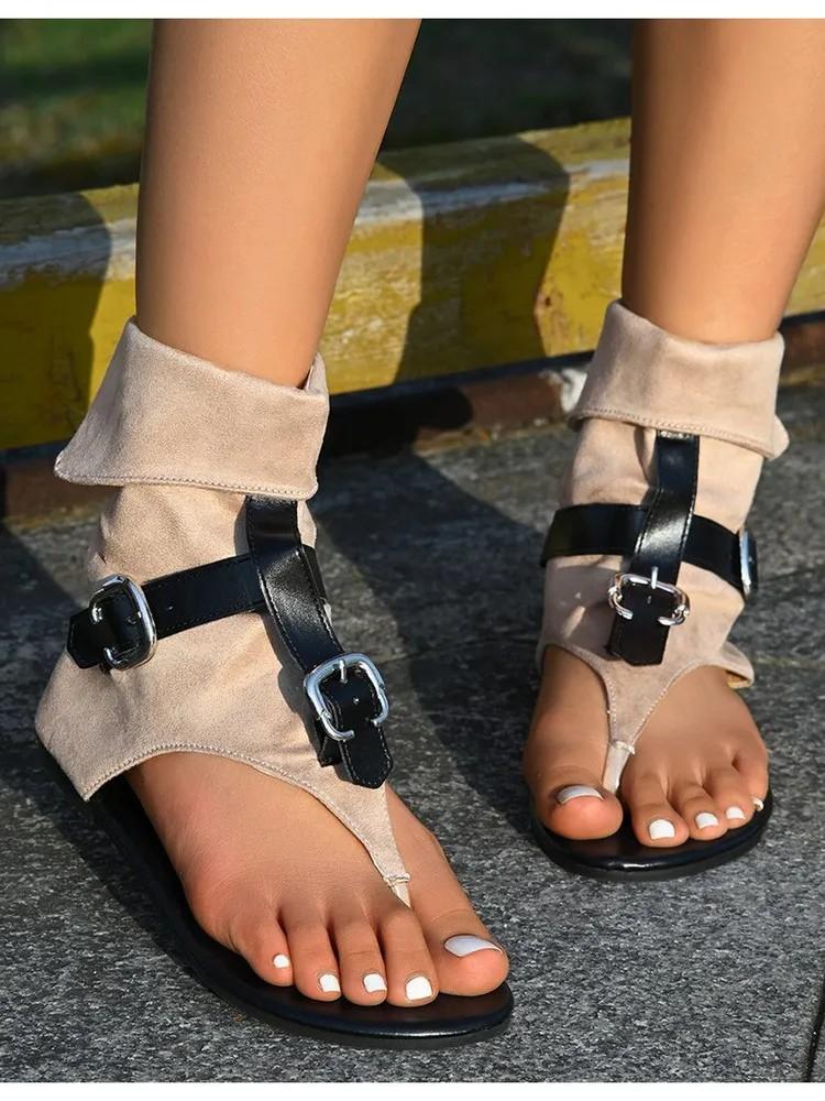 Flat Roman Sandals With Double Toe, Women's Denim Fabric Leather Buckle Herringbone Sandals