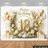 Fundal Petrecere Majorat 18 Ani Aur Alb 2D, Fundal Photo Booth cu Flori, Balon și Cutie Cadou