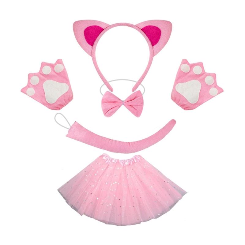 Cats Costume Set Includes Cats Tail Headband Bowtie Glove Skirt Halloween Catgirl Dress up Outfit for Kid Women Cosplay