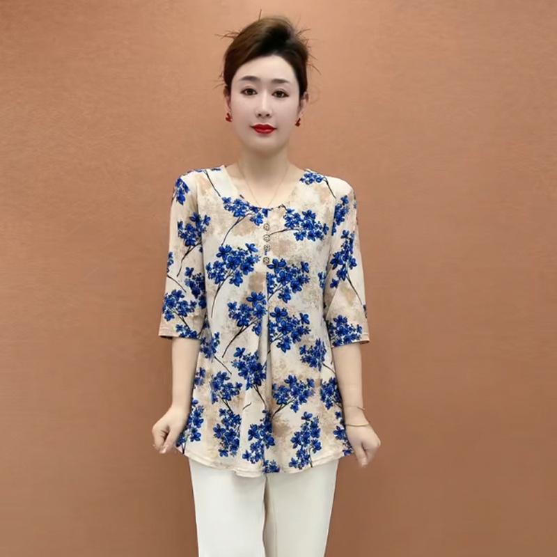 

Mother s Day Plus Size Summer Chiffon T-Shirt for Mid-Aged and Elderly Women 2XL (115-125 jin) синій