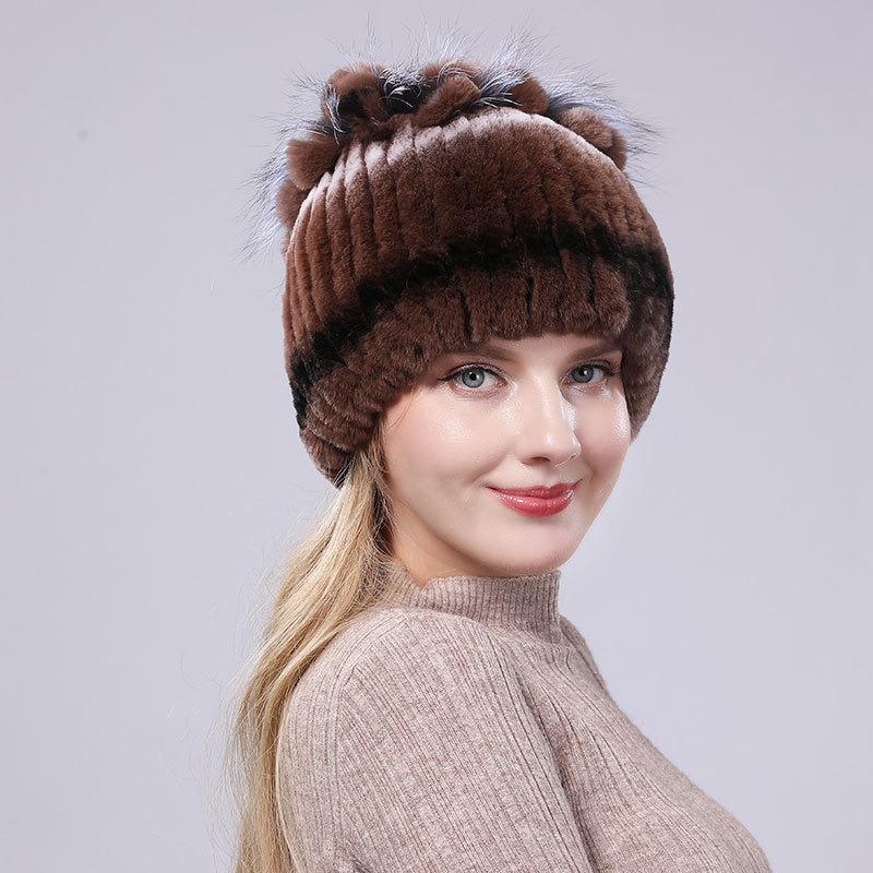 New Rex Rabbit Hair Hat Women's Winter Thickened Warm Fashion Versatile Elastic Fur Woven Hand-sewn Knitted Hat