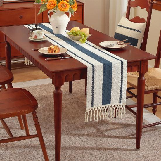 Nordic Style Table Runner Color Block Design Easy To Clean Table Flag with Tassel Christmas Dinner Table Accessory