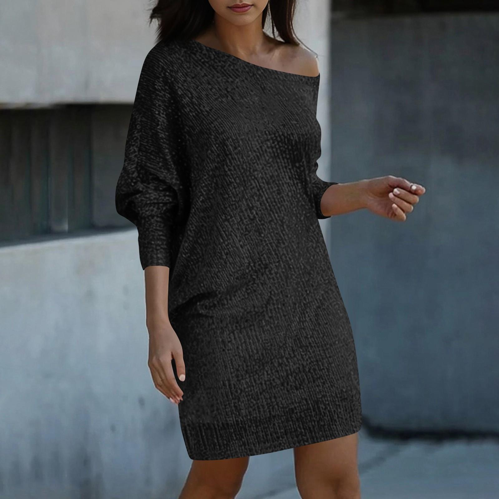 

Женские модные платья Платья с косыми плечами и длинными рукавами Однотонные сексуальные платья XL чёрный