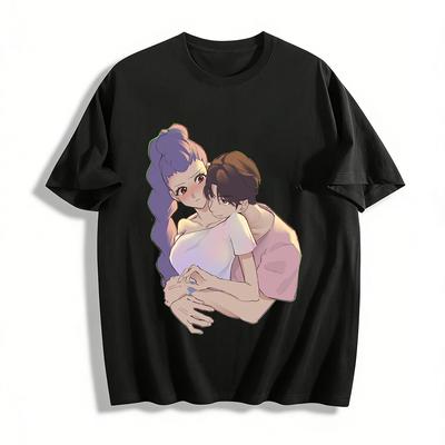 Anime Style Hugging Couple Print T-shirt Trendy Sweet Cool Casual Loose Short-sleeve Top Pure Cotton T-shirt