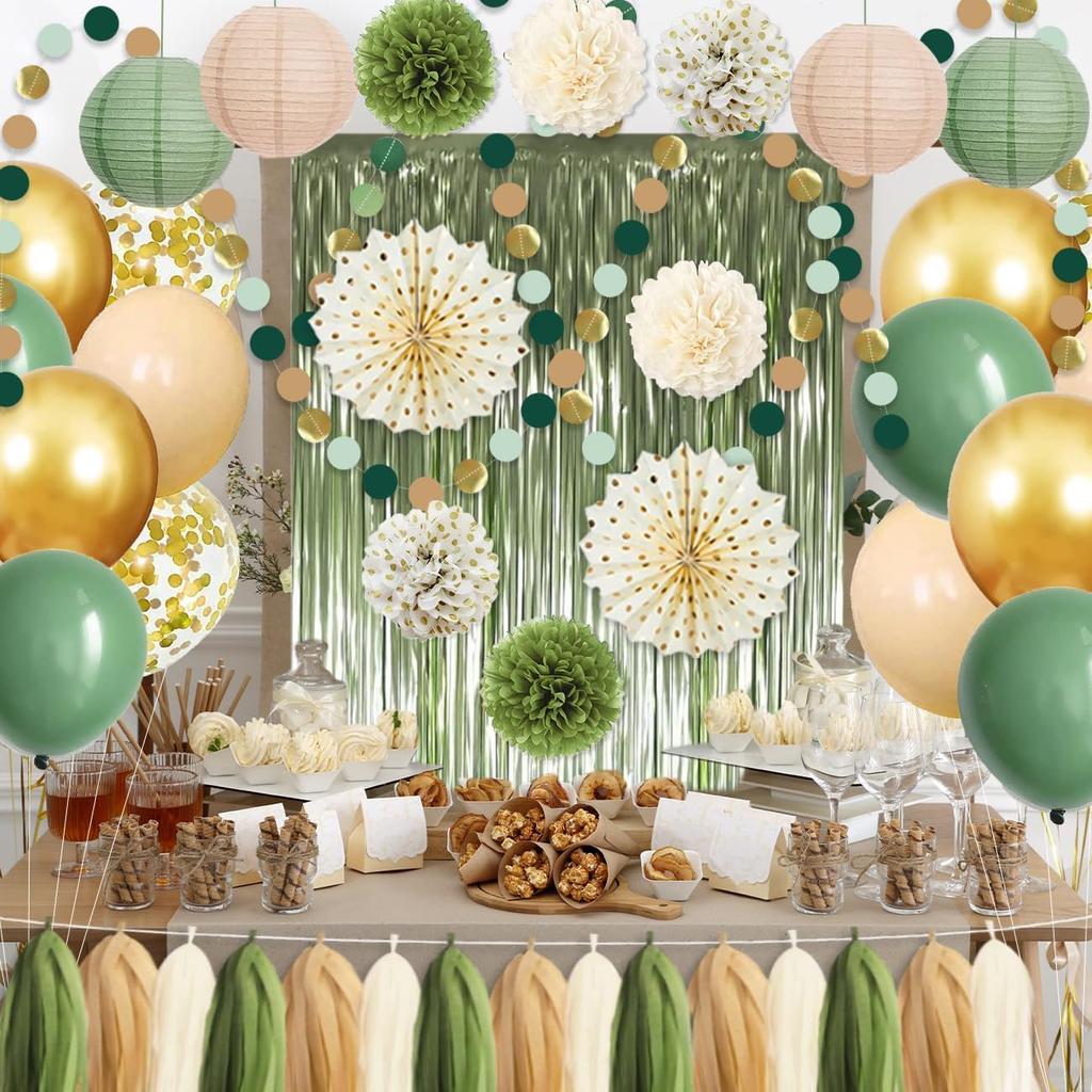 Bridal Shower Decorations Sage Green Party Decorations Bridal Shower Balloons Paper Pompoms Fringe Curtain for Wedding Bachelorette Bride To Be Party