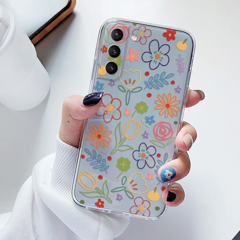Transparent Case For Samsung Galaxy S23 S 23 Ultra S23 Plus Cover Cartoon Flowers Soft TPU Shockproof Funda For Samsung S24+ Bag