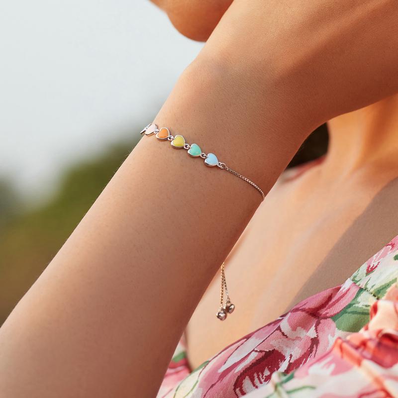 Bamoer Rainbow Color Enamel Heart Bracelet for Women Heart-shape 925 Silver Chain Bracelet Anti-allergy Jewelry SCB158