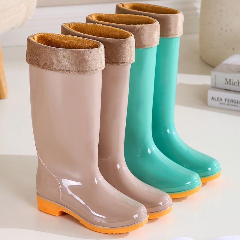 High tube rain shoes women's fashion outer wear non-slip and anti-platform rubber shoes adult long velvet soft-soled rain boots