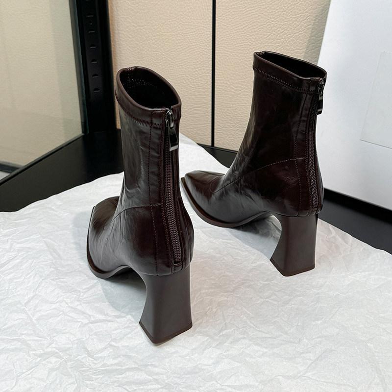 Temperament square head thick heel high heel elastic thin boots side zipper autumn and winter niche thick heel short boots women