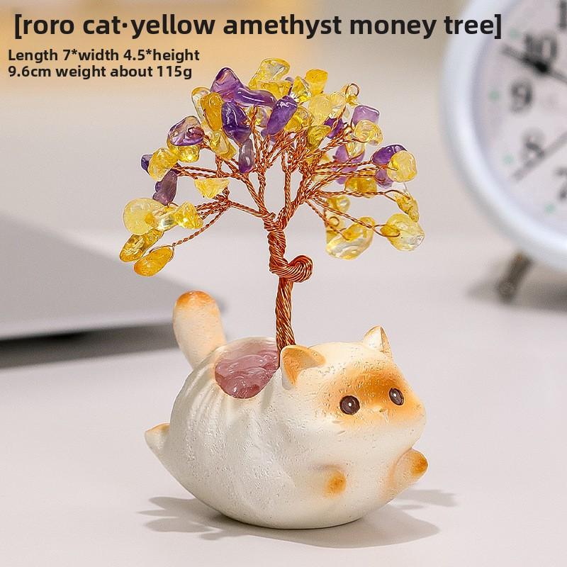 

Мультяшное животное Натуральный желтый кристалл Денежное дерево Орнамент Милый кот Украшение для офисного стола Подарок Siam [Yellow + Purple]