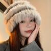 Rabbit fur knitted plush hat women's autumn and winter warm plush hat big head circumference showing face small bucket hat wool hat tide