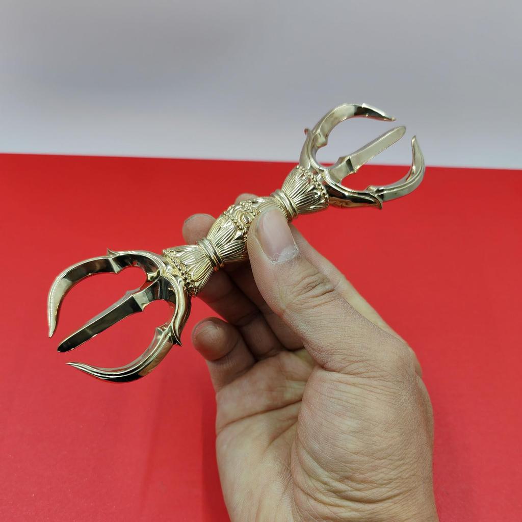 Large trident vajra, 16cm long, used in esoteric Buddhism, Buddhist ritual implement, temple implement, hand implement, vajra, brass
