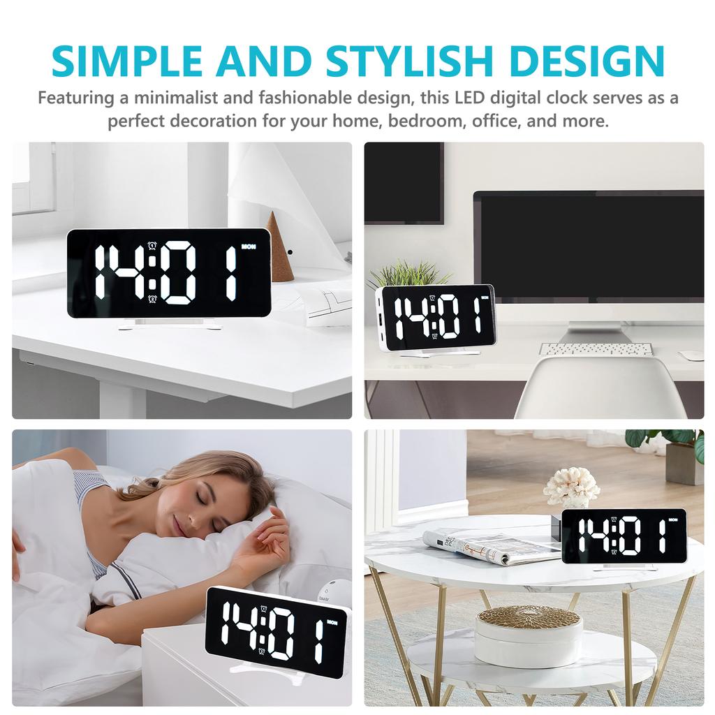 LED Digital Alarm Clock 6.7 Inch Mirror Surface Electronic Clock 12 24H Switchable with 2 Alarm Setting 4 Levels