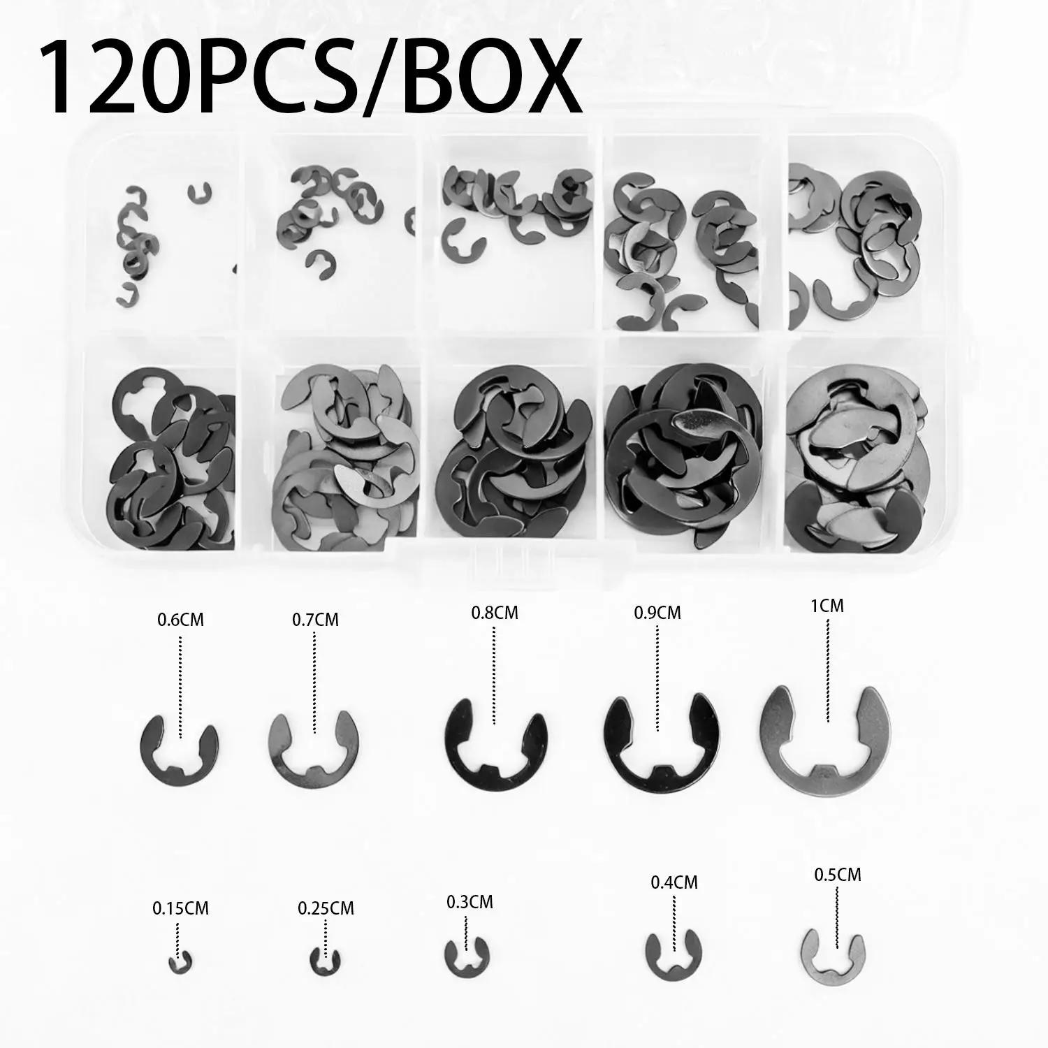 

M1.5-M10 Stainless Steel Retaining Circlip Snap Ring E-clip Washer Assortment Shaft Fastener Retainer Opening Snap Assortment 1box(120PCS) чорний