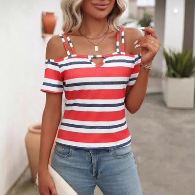 Neue Damenmode für Frühling und Sommer Urlaub Freizeit Neckholder Schulterfrei Kurzarm T-Shirt